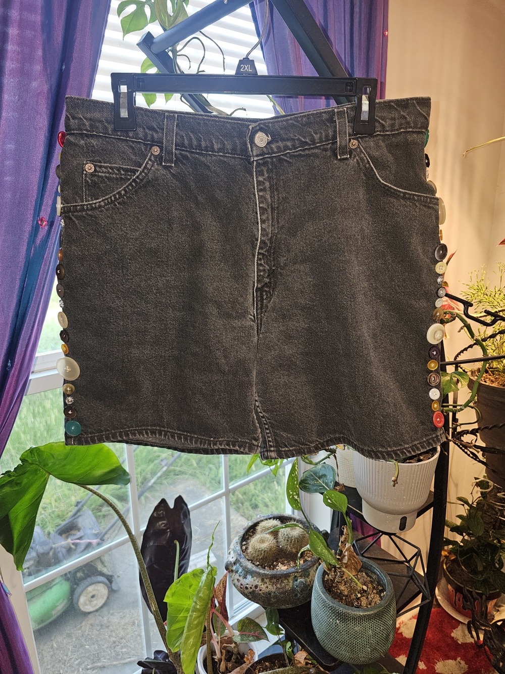 Button-Accent Black Denim Skirt
